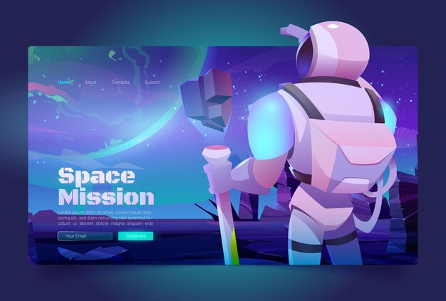 Space missions banner with astronaut in suit and helmet on alien planet in far galaxy