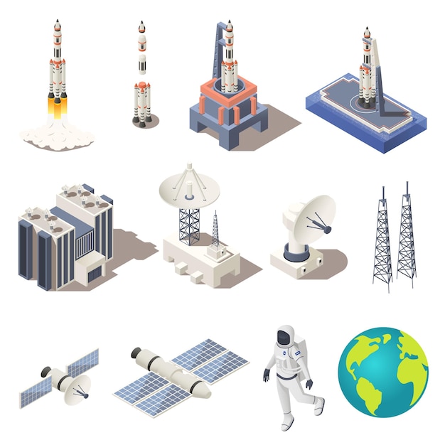 Free Vector space research isometric icons set with rocket astronaut planet earth radar command center isolated on white background 3d vector illustration