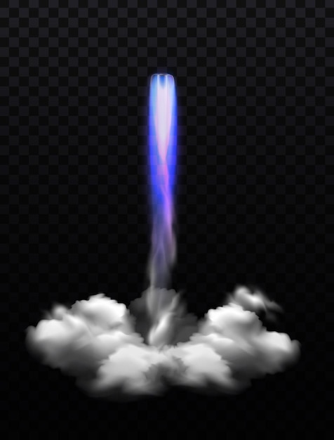 Space rocket flame smoke composition with realistic blue violet fire blast on transparent