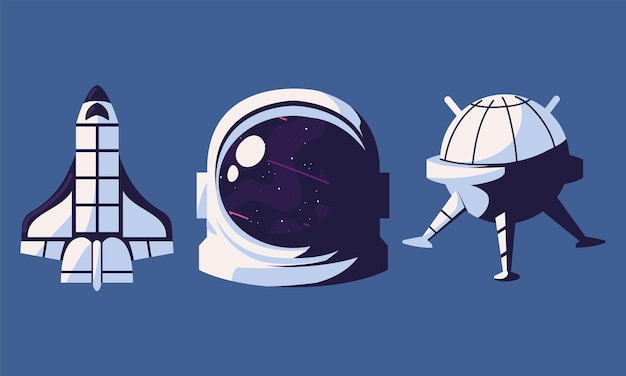 space rocket and helmet with satellite icons