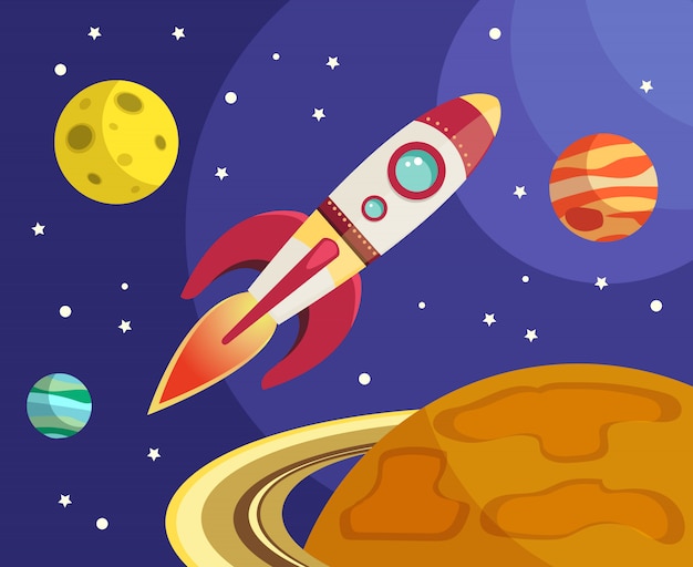 Space rocket ship flying in space with planets and stars vector illustration