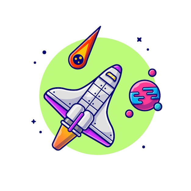 Space Shuttle Flying with Planet and Meteorite Space Cartoon Icon Illustration.