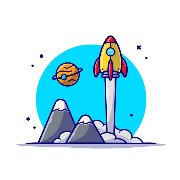 Space Shuttle Taking Off with Planet and Mountain Space Cartoon Icon Illustration.