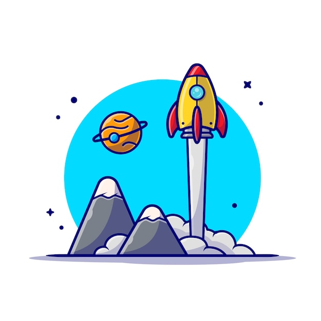 Space Shuttle Taking Off with Planet and Mountain Space Cartoon Icon Illustration.