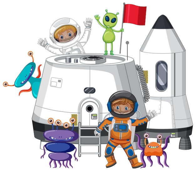 Space station with astronaut and alien