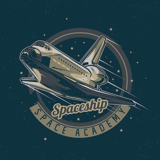 Space theme t-shirt label design with illustration of spaceship