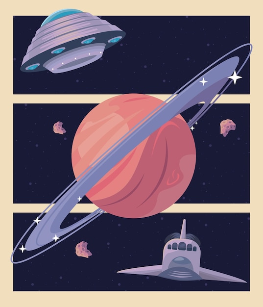 Free Vector space vehicles and saturn scene