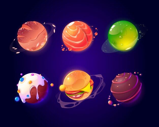 Space with food planets, burger and candy texture