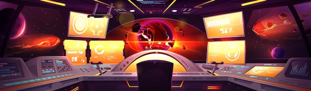 Free Vector spaceship cockpit room interior cartoon vector background futuristic alien panel control station in nasa spacecraft cabin with window for galaxy view on cosmic flying asteroid and planet explode