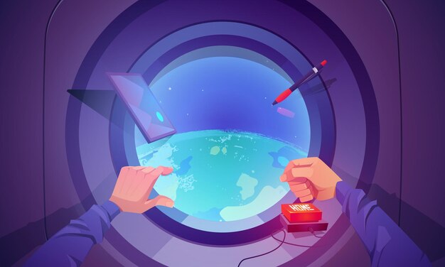 Spaceship interior with earth view through round window concept of flight in shuttle for science dis...