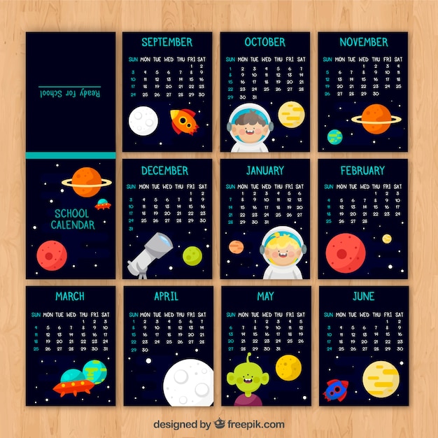 Free vector spacial school calendar with fun style