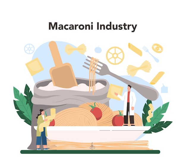 Free Vector spaghetti or pasta production industry italian semiprocessed food manufacturing macaroni cutting and drying isolated vector illustration in cartoon style