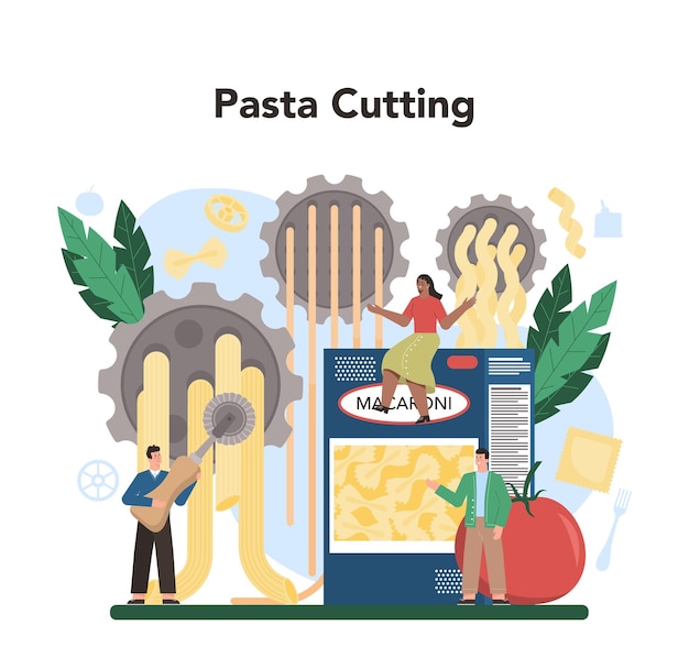 Free Vector spaghetti or pasta production industry italian semiprocessed food manufacturing macaroni cutting isolated vector illustration in cartoon style