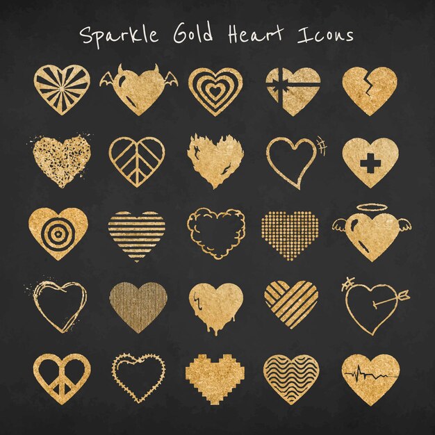 Sparkle gold heart icon vector set