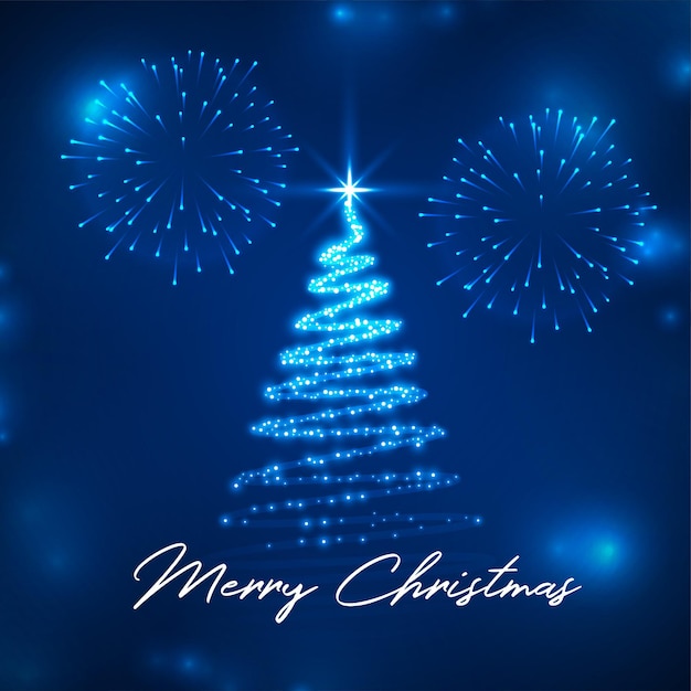 Free Vector sparkling blue merry christmas tree with firework greeting card design