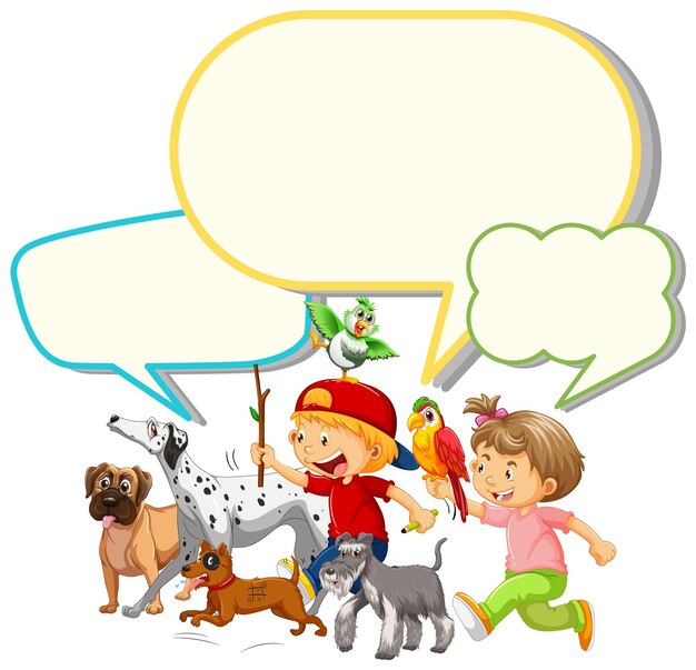 Speech bubble template with kids and pets