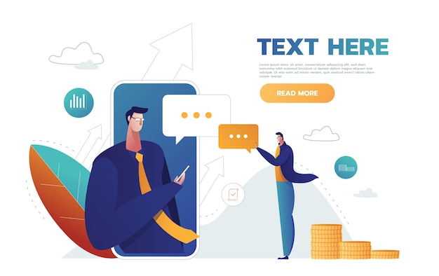 Speech bubbles for comment anf reply concept flat vector illustration of young people using mobile smartphone for texting in social networks