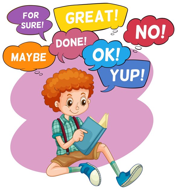 Speech bubbles with boy reading book