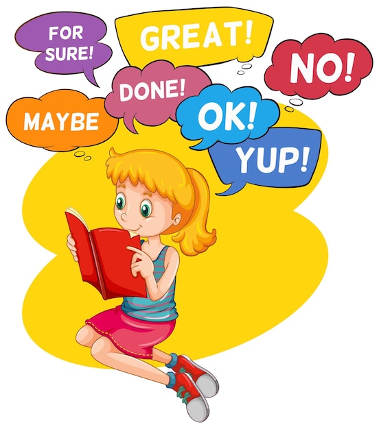 Speech bubbles with girl reading book