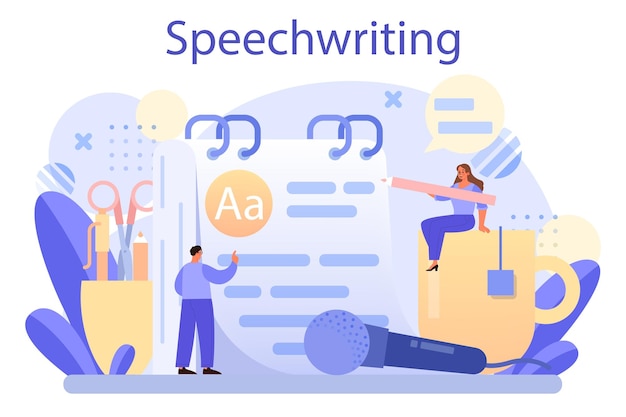 Speechwriting concept Professional speaker or journalist write a content for a public announcement Copywriter creating text for media Modern creative profession Flat vector illustration