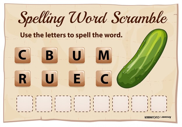 Spelling word scramble game with word cucumber