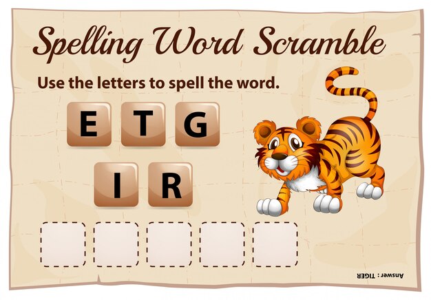 Free Vector spelling word scramble game with word tiger