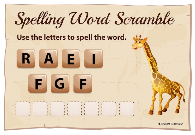 Spelling word scramble template with word giraffe