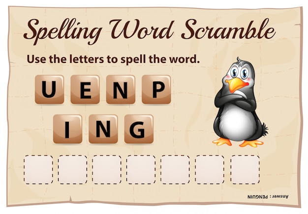 Free Vector spelling word scramble template with word penguin