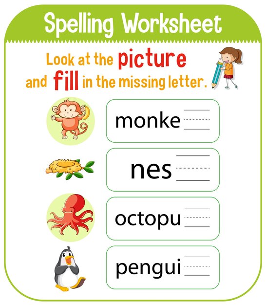 Spelling worksheet template for kids