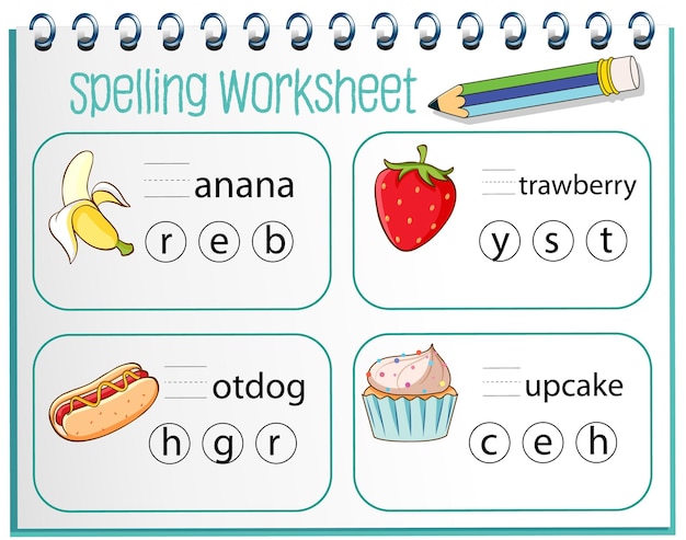 Free Vector spelling worksheet template for kids