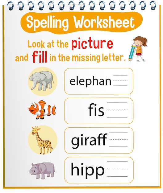 Free vector spelling worksheet template for kids