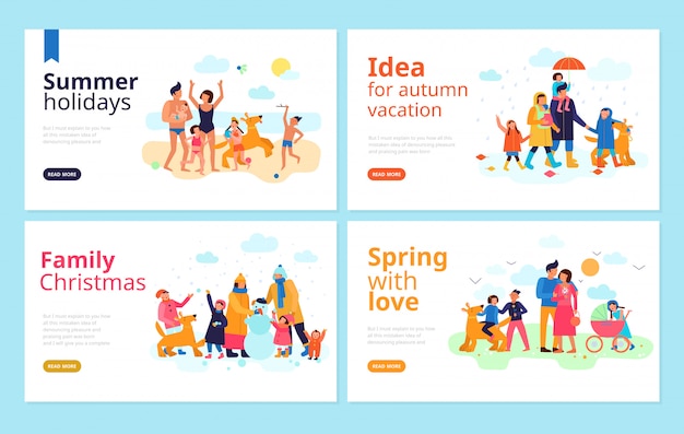 Spending family vacation season holidays free time together ideas flat banners web page