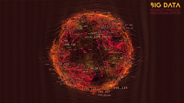 Spherical data cloud visualization 3D big data scientific processing Futuristic HUD or UI mainframe screen Technological data clusters analysis Intricate information connections