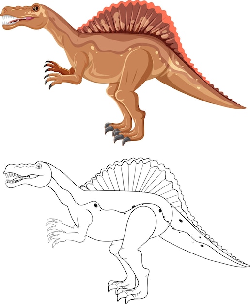 Spinosaurus dinosaur with its doodle outline on white background