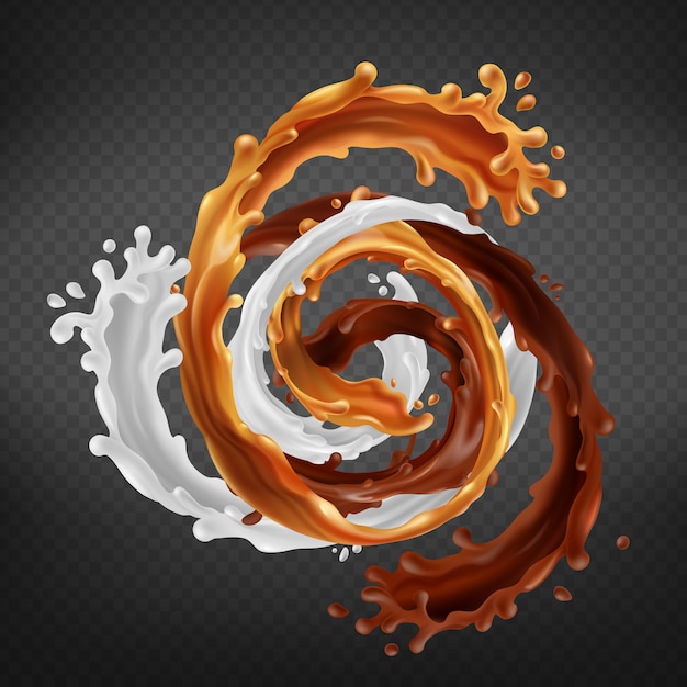 Free Vector splash of caramel, chocolate and milk mixed in swirl isolated on transparent background. 