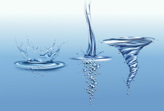 Free Vector splash crown with drops and waves on pure water surface, falling or pouring with air bubbles