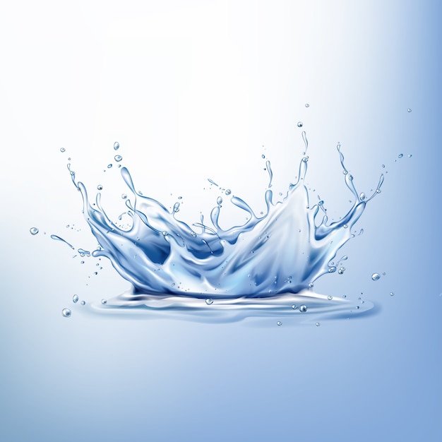 Free Vector splash on water surface 3d realistic. blue liquid crown, frozen motion with droplets and wave