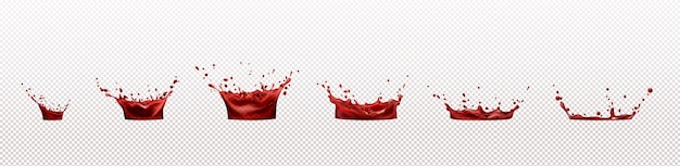 Splashes of wine, red juice or blood isolated on transparent background. Vector realistic set of liquid waves with drops of clear fruit drink, strawberry, grape or cherry juice