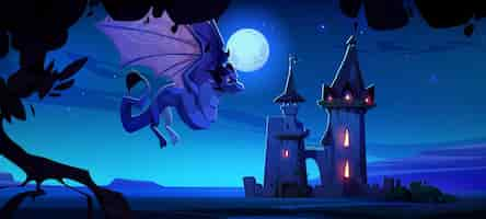 Free vector spooky fantasy dragon flying near castle at night