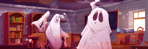 Spooky ghosts in old magic school classroom