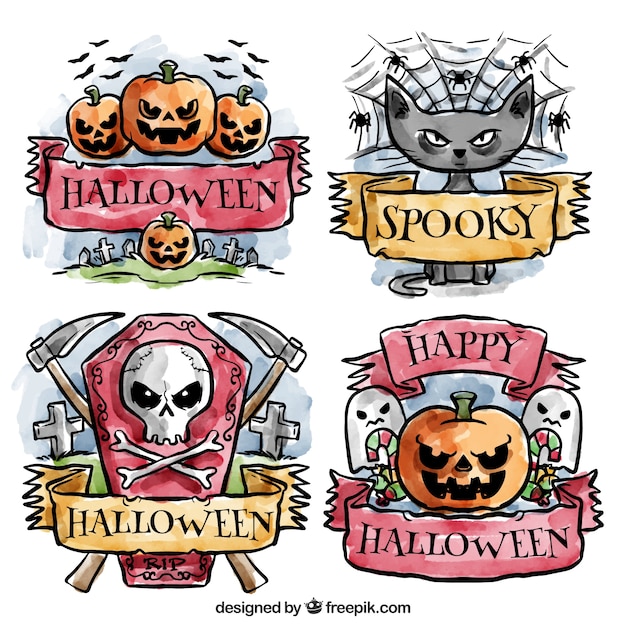 Spooky halloween badges painted with watercolors