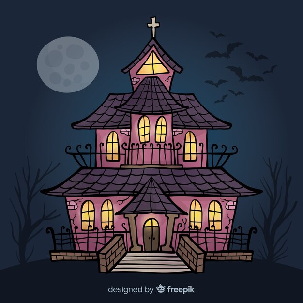 Spooky halloween house background in hand drawn style