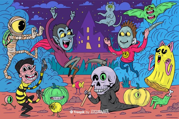 Spooky halloween illustration of creatures