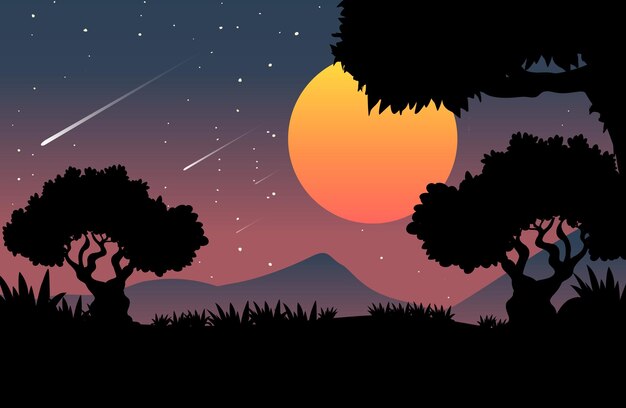 Spooky night forest background with full moon