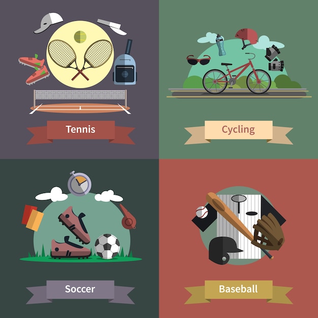 Free Vector sport 4 flat icons composition banner