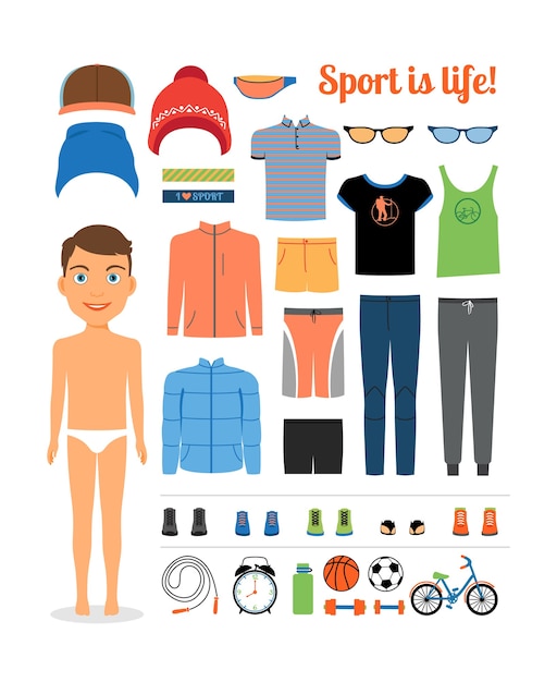 Free Vector sport boy. clothing and sports equipment for fitness. sportswear, hat, jacket. vector illustration