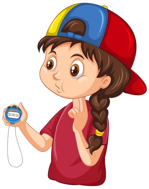 Sport coach girl holding a timer cartoon character