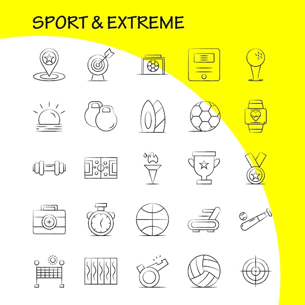 Free Vector sport and extreme hand drawn icons set for infographics mobile uxui kit and print design include cup award star referee sport whistle sun sunshine icon set vector