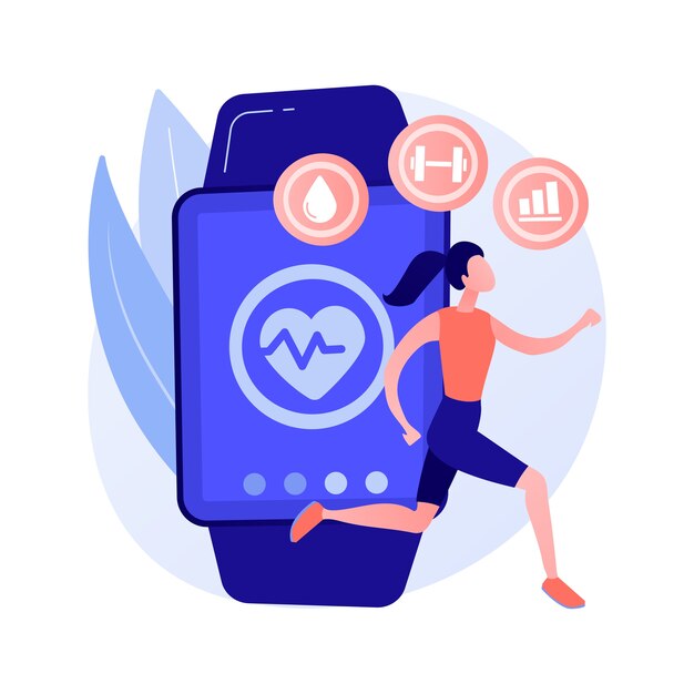 Sport and fitness tracker abstract concept vector illustration. Activity band, health monitor, wrist-worn device, application for running, cycling and every-day training abstract metaphor.