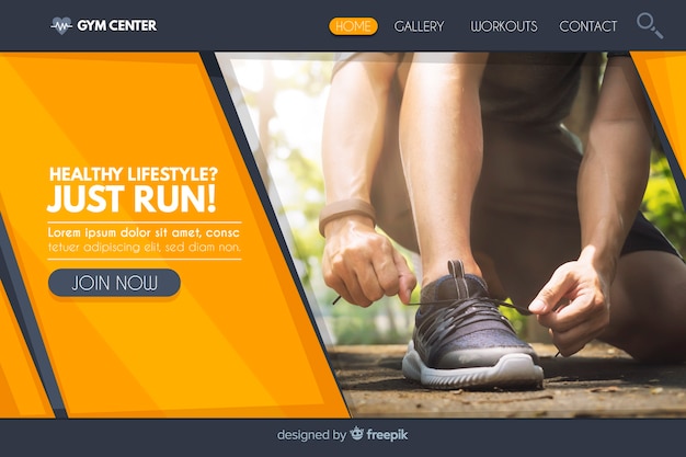 Free Vector sport landing page template with photo